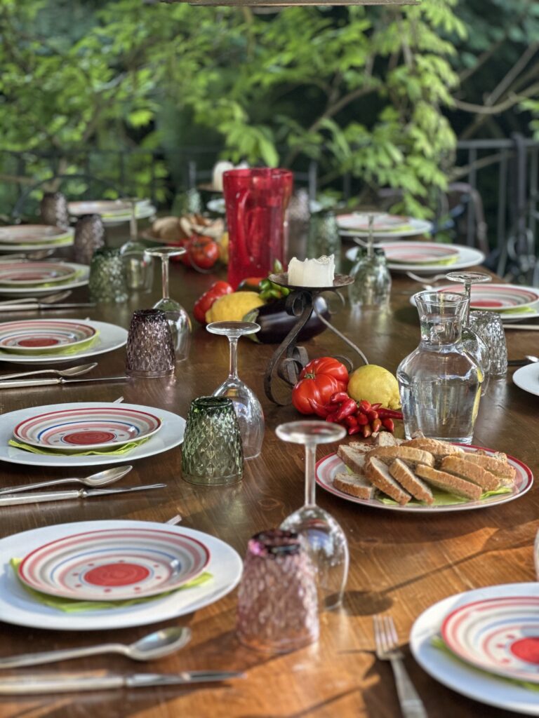 Another view of the front table set for lunch.